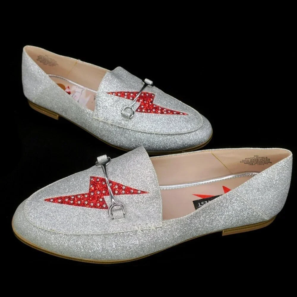 Nine West Wild Girls Lightning Bolt Horsebit Loafers Shimmer Silver/Red 8M